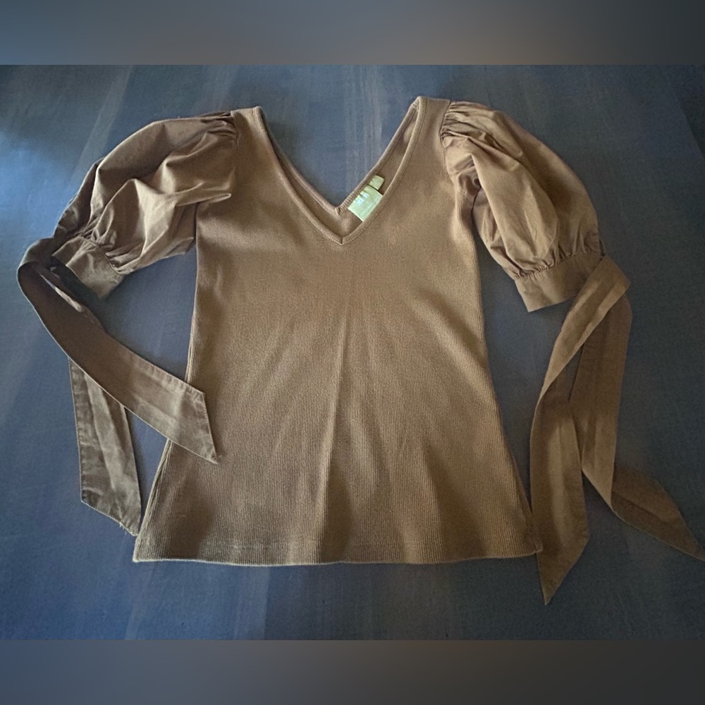 NWOT Maeve by Anthropologie Brown Puff Sleeve Top with Ties